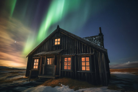 Northern lights sky wooden house nature outdoor. Arctic building space dark body. Generate Aiの素材