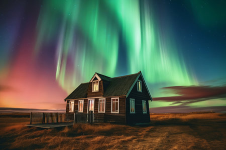 Northern lights sky wooden house glow. Magnetic dark space home. Generate Aiの素材