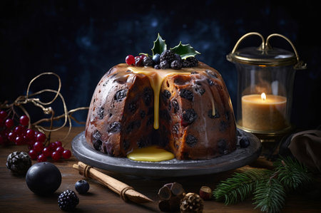 Pudding cake berries. Table sweet dessert food fruit. Generate Aiの素材