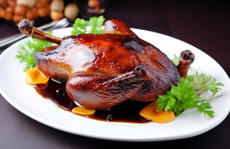 Roasted duck dish plate. Delicious gourmet poultry meat dish. Generate aiの素材