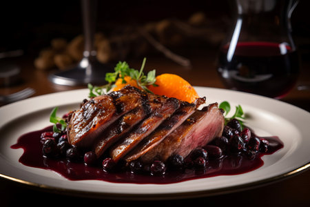 Roasted duck slices with fruit jam on white plate. Restaurant gastronomy roasted poultry meat dish. Generate aiの素材