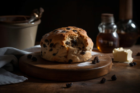 Scone raisin baked on kitchen table. Tasty natural snack gourmet food. Generate Aiの素材