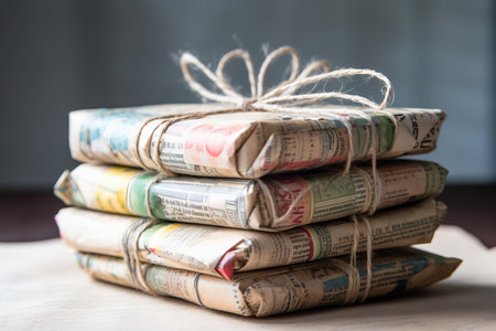 Stack wrapped books. Retro vintage cover art paper. Generate Aiの素材