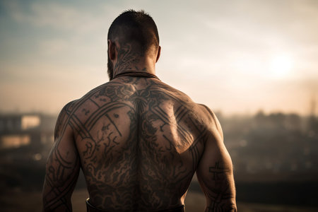 Back view of tattooed gladiator brutal. Muscular male barbarian bodybuilder athlete. Generate aiの素材