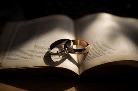 Two wedding rings in open book with sunlight. Marriage jewelry for traditional religious ceremony. Generate aiの素材