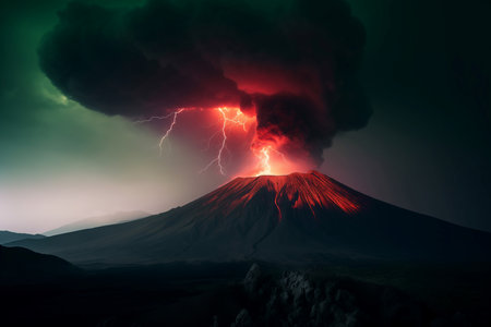 Volcano black sky eruption scene. Heat fire danger lava warm. Generate Aiの素材