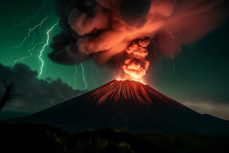 Volcano black sky eruption with lightning bolt. Flame smoke rock lava. Generate Aiの素材