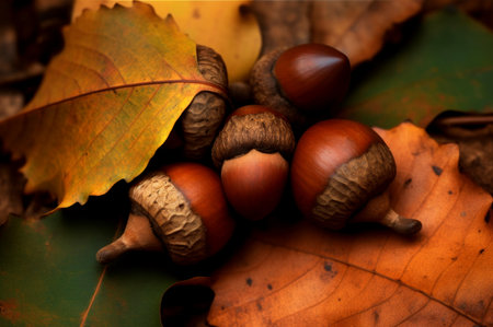 Acorns leaf fall. Nature leaf art oak tree. Generate Aiの素材