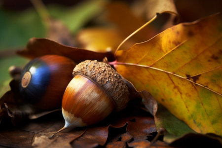 Acorns leaf fall ground. Natural composition plant october fruit. Generate Aiの素材