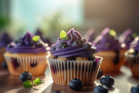 Closeup photo of blueberry cupcakes. Sweet purple berries confectionery muffins. Generate aiの素材