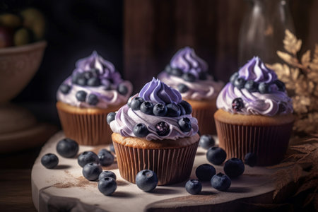 Closeup photo of blueberry cupcakes with fruits. Tasty creamy muffins bakery dessert. Generate aiの素材