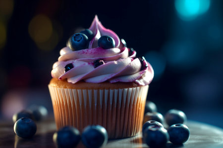 Closeup photo of cupcake decorated with blueberries. Homemade blueberry muffin with purple whipped cream. Generate aiの素材