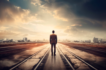Businessman standing runway nature sunset. Person work trip road arrival. Generate Aiの素材