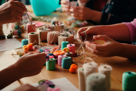 Crafting friends family on table sewing tools. Happy sitting people on home creativity. Generate Aiの素材