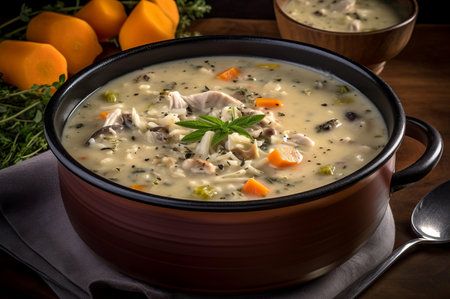 Creamy turkey soup bowl. Home prepared delicious lunch meal. Generate Aiの素材