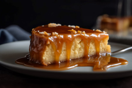 Gooey cake drizzled with caramel syrup. Homemade piece of soft butter pastry cake. Generate aiの素材