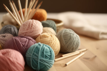 Knitting crochet kit on wooden table. Skein fiber soft various cotton. Generate Aiの素材