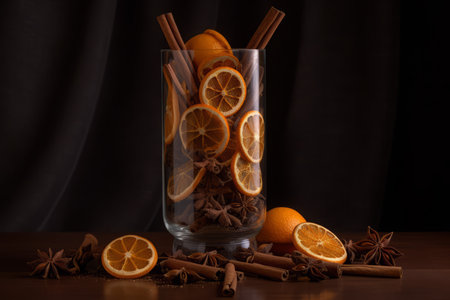 Oranges cinnamon vase on wooden table. Fresh table diet citrus raw. Generate Aiの素材