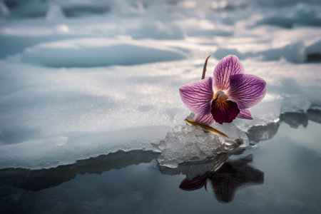 Orchid growing ice ground with water. Winter spring plant closeup flora. Generate Aiの素材