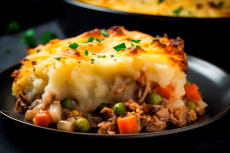 Stepherds pie closeup crust dish. Cottage rustic food plate carne. Generate Aiの素材