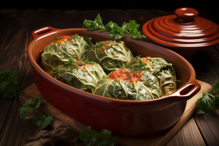 Stuffed savoy cabbage leaves ceramic pot. Homemade cuisine rice food roll. Generate Aiの素材