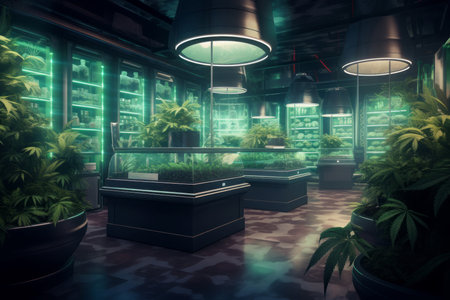 Cannabis street store with fog lights. Narcotic organic view bud market. Generate Aiの写真素材