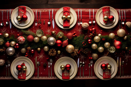 Christmas table top view with toy festive. Winter gift event merry xmas. Generate Aiの写真素材