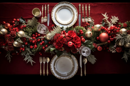 Christmas table top view couple xmas decor. Plate winter merry xmas decoration. Generate Aiの写真素材