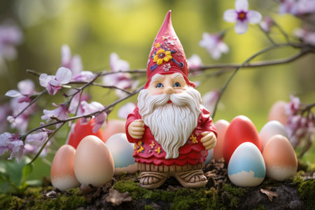 Little cute Easter gnome with colorful eggs. Traditional spring decoration on nature blossom plant. Generate aiの写真素材