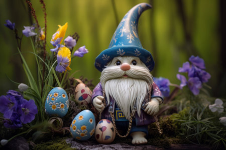 Cute Easter gnome with eggs in spring blooming flowers. Small bearded fairytale dwarf in spring garden. Generate aiの写真素材
