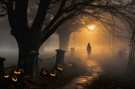 Halloween foggy scene in woodland. Dark scary silhouette in twilight darkness. Generate ai