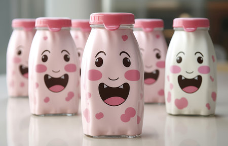 Kawaii milk bottles with smile painting. Cute dairy product flask for children consumers. Generate aiの写真素材