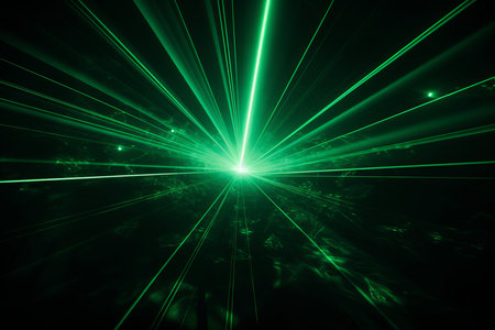 Laser green rays in darkness. Vibrant nightclub verdant beams effect. Generate aiの写真素材
