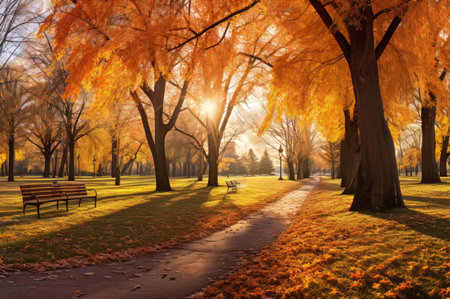 Panoramic autumnal park nature. Sunlight shining in yellow stunning parkland. Generate aiの写真素材