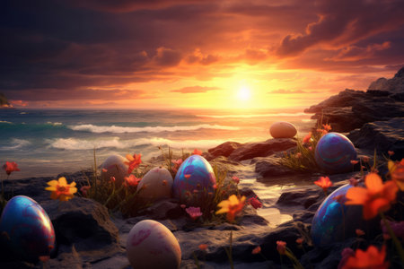 Sunrise easter eggs on ocean beach. Nature sun sky celebrate festive event. Generate Aiの写真素材