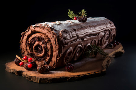 Yule log roll dessert. Fruit food winter cake homemade. Generate Aiの写真素材