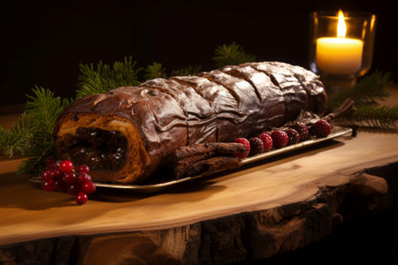 Yule log roll dessert on wooden table. Cream holiday berry decoration plate. Generate Aiの写真素材