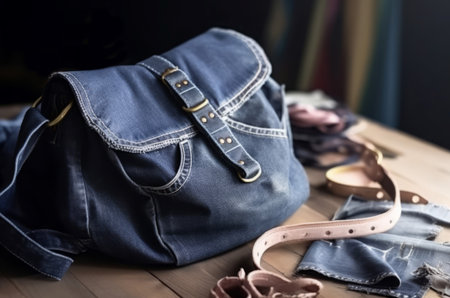 Stylish handbags made of old jeans clothes. Handmade crafted denim blue bags. Generate aiの素材