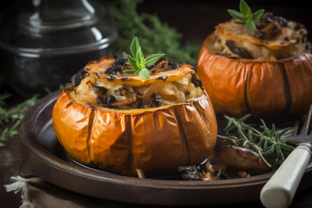 Kohlrabi veggie stuffed with mushrooms dish. Roasted turnip root filled with mushroom and cheese. Generate aiの素材