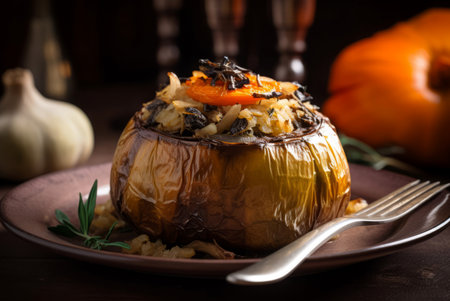 Serving kohlrabi stuffed with mushrooms dinner dish. Prepared turnip veggie root diet food. Generate aiの素材