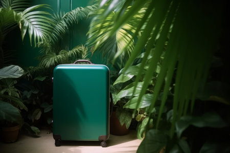 Luggage suitcase in tropical nature. Travel green baggage among the exotic plants. Generate aiの素材