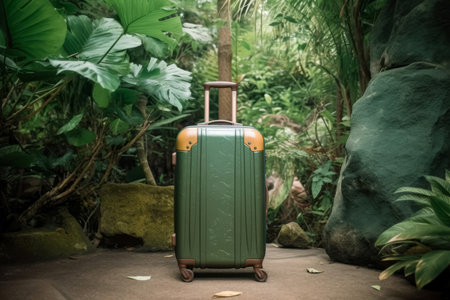 Luggage suitcase in green tropical rainforest. Travelling baggage among the wild jungle flora. Generate aiの素材