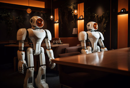 Robots restaurant serving. Futuristic coffee work robot service. Generate Aiの素材