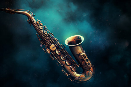 Saxophone galaxy space. A jazz trumpet floats in a cosmic nebula. Generate AIの素材