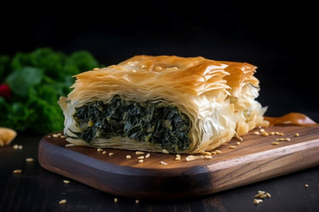 Spanakopita greek pastry dish. Cooking cheese spinach tasty food. Generate Aiの素材