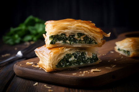 Spanakopita greek pastry on wooden table. Cheese recipe crust snack cooking. Generate Aiの素材
