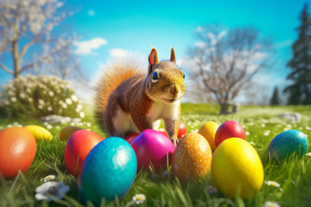 Squirrel holding colorful eggs sunny day. Love nature spring cloud beauty. Generate Aiの素材