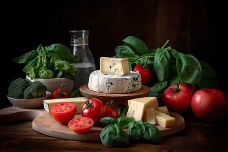 Mediterranean cheese and red tomatoes wooden board. Lunch italian cuisine food. Generate Aiの素材