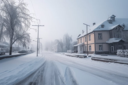 Winter snowy street. Frosty morning landscape of a small town. Generate AIの素材