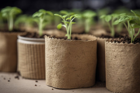 Growing pots cardboard clean recycling. Eco plant sprout soil clean. Generate Aiの素材